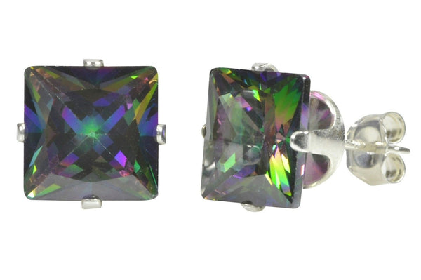 Square Mystic Topaz CZ Prong Stud Earrings .925 Sterling Silver - Jewelryland.com
