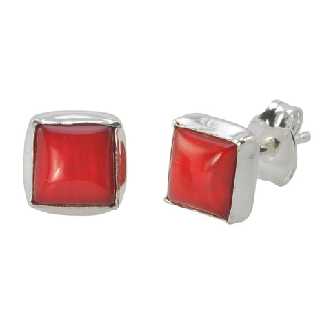 Sterling Silver 7mm Square Red Coral Stud Earrings - Jewelryland.com