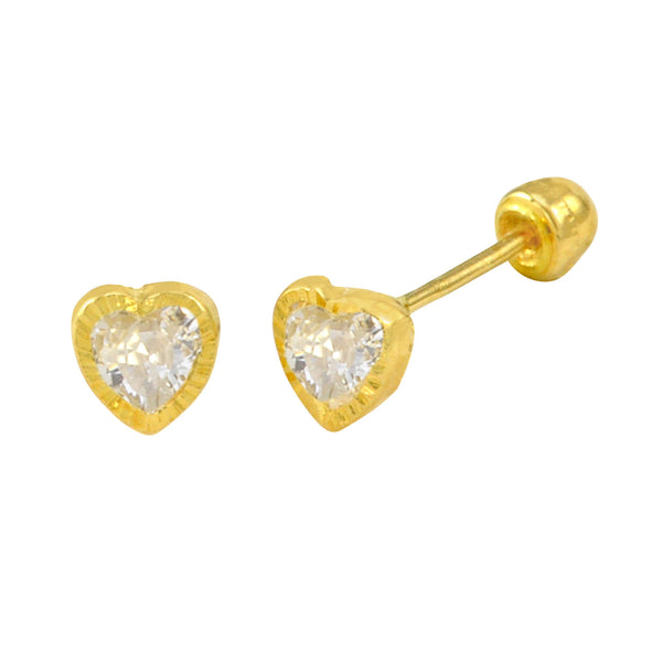 Tiny Heart with CZ Screwback Earrings 10k Yellow Gold with Laser Cut Frame 4mm - Jewelryland.com