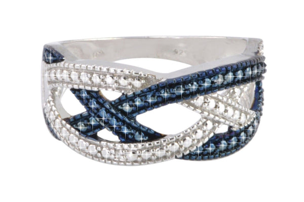 Blue & White Diamond Ring Sterling Silver .02ct - Criss Cross Weave Design - Jewelryland.com