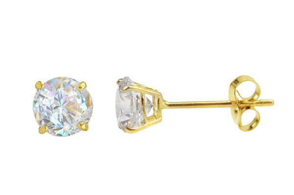 14k Yellow Gold Stud Earrings Clear Round Basket Cubic Zirconia Pushbacks - Jewelryland.com