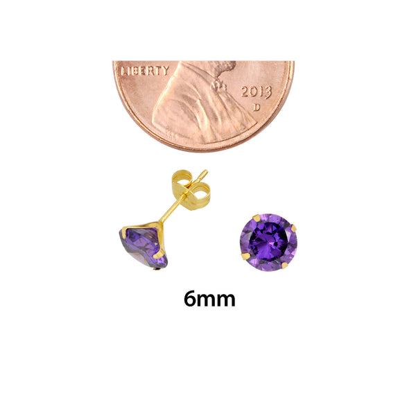 14k Yellow Gold Purple Amethyst Cubic Zirconia Stud Earrings Round Birthstone CZ - Jewelryland.com