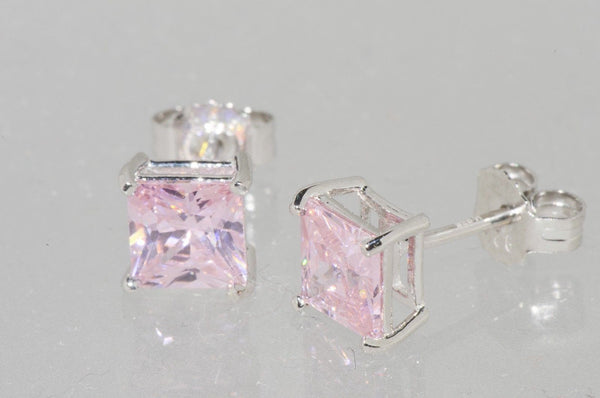 Square Pink CZ October Birthstone Stud Earrings .925 Sterling Silver Basket Set - Jewelryland.com