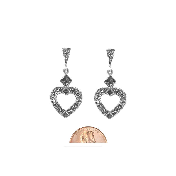 Marcasite Dangle Earrings Open Heart Design .925 Sterling Silver 33mm - Jewelryland.com