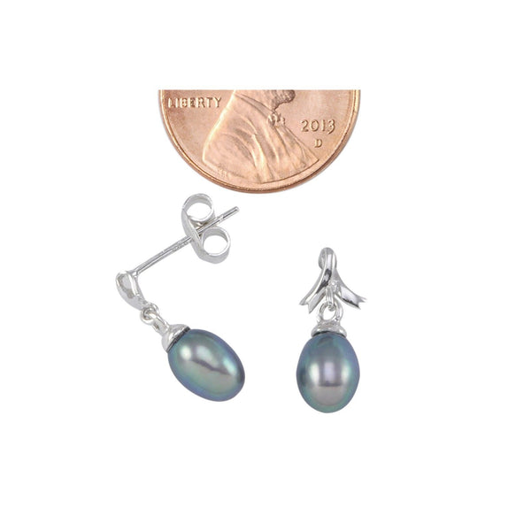 Sterling Silver Breast Cancer Ribbon Design Black Freshwater Pearl Earrings - Jewelryland.com