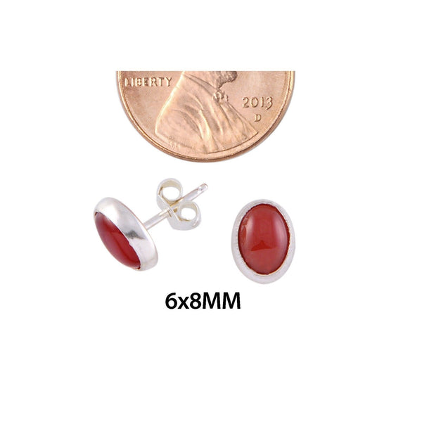 Red Carnelian Stud Earrings .925 Sterling Silver Gemstone 7mm x 9mm Oval - Jewelryland.com