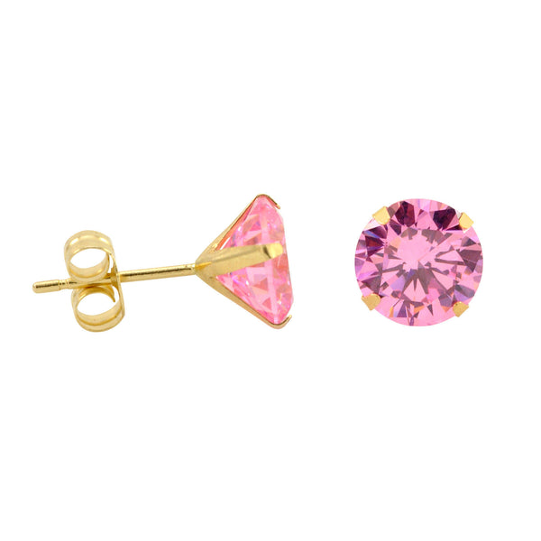 10k Yellow Gold Stud Earrings Pink CZ Cubic Zirconia Round Prong Set - Jewelryland.com