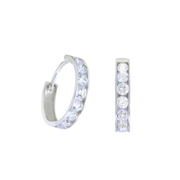 10k White Gold Huggie Hoop Earrings Clear CZ Cubic Zirconia 14mm x 3mm - Jewelryland.com