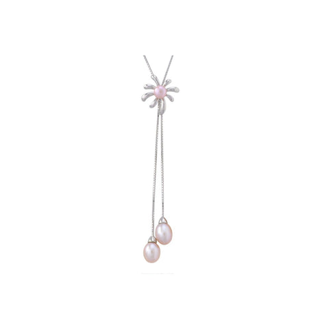 Pink Freshwater Pearl Flower Necklace .925 Sterling Silver, 17" Chain - Jewelryland.com