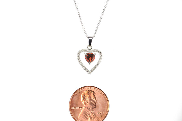 925 Sterling Silver Genuine Diamond .01ct and Garnet Heart Pendant Necklace - Jewelryland.com
