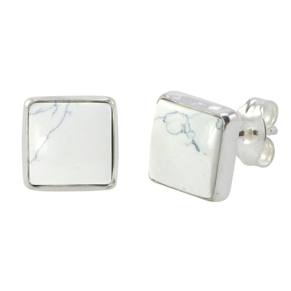Sterling Silver Gemstone Earrings White Turquoise 9mm Square Handmade Studs - Jewelryland.com