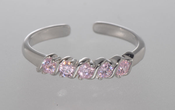 925 Sterling Silver Adjustable Toe Ring Single Row Pink CZ Stones - Jewelryland.com