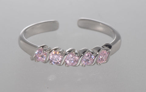 925 Sterling Silver Adjustable Toe Ring Single Row Pink CZ Stones - Jewelryland.com
