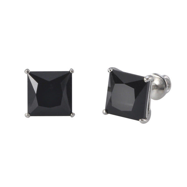 Sterling Silver Screwback Earrings Black CZ Studs Square Princess Cut Basket Set - Jewelryland.com