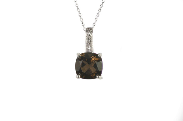 Sterling Silver Diamond & Smoky Quartz Necklace 8mm Square Gemstone, 18" Chain - Jewelryland.com