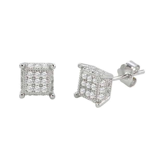 Sterling Silver Micropave Stud Earrings Clear 3d Square 4 Corner Accents 7mm - Jewelryland.com