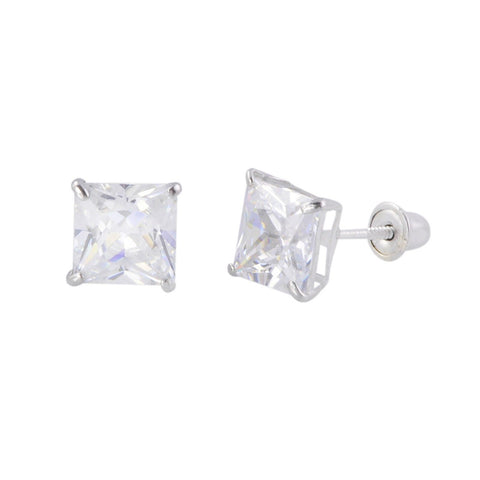 Square 14k White Gold Earrings Clear Princess Cut CZ Studs Screw back Basket Set - Jewelryland.com