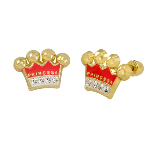 10k Yellow Gold Earrings Pink Princess Crown Studs with Screwbacks - Jewelryland.com