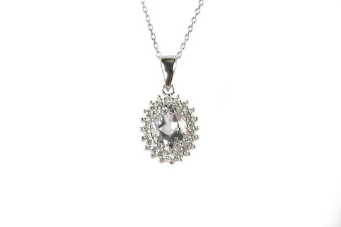 925 Sterling Silver White Topaz & Diamond Necklace Oval 1.29ct, 18" chain - Jewelryland.com
