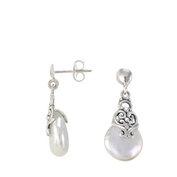 Sterling Silver Dangle Pearl Earrings Ornate Filigree Silver Design - Jewelryland.com