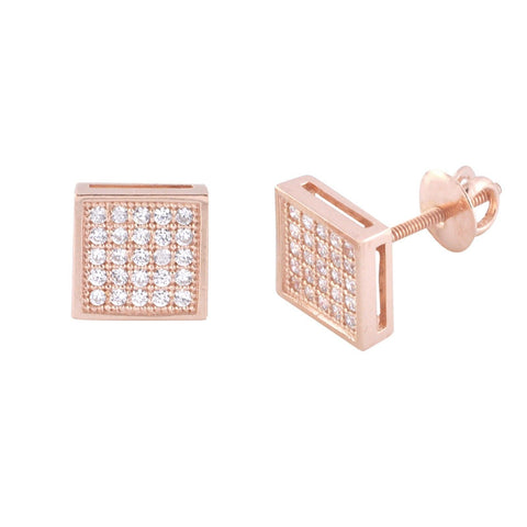 Screwback Earrings .925 Sterling Silver Rose Gold Clear CZ 7mm Square Studs - Jewelryland.com