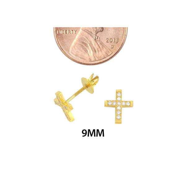 Mini Cross Screwback Earrings Yellow Gold Plated Pave CZ Cubic Zirconia 9mm - Jewelryland.com