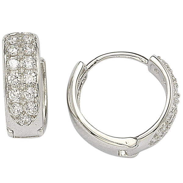 Sterling Silver Hoop Earrings 2 Row Cubic Zirconia 13mm x 5mm - Jewelryland.com