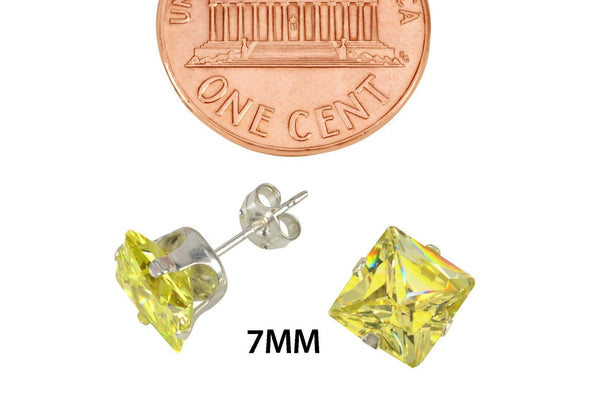 Square Peridot Cubic Zirconia Stud Earrings August Birthstone .925 Silver Prong - Jewelryland.com
