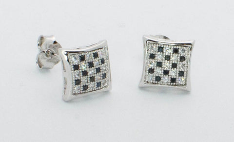 Micropave Stud Earrings Black & White Checker Board CZ Sterling Silver 9mm Kite - Jewelryland.com