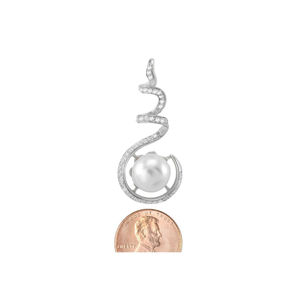 925 Sterling Silver Genuine Freshwater White Pearl Pendant CZ Spiral Top - Jewelryland.com