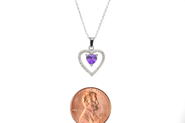 925 Sterling Silver Genuine Diamond and Amethyst Heart Pendant Necklace - Jewelryland.com