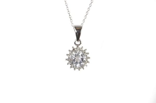 Sterling Silver Diamond & White Topaz Necklace - 6mm Round Stone, 18" Chain - Jewelryland.com