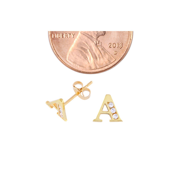 10k Yellow Gold Letter A Initial Stud Earrings Cubic Zirconia 7mm - Jewelryland.com