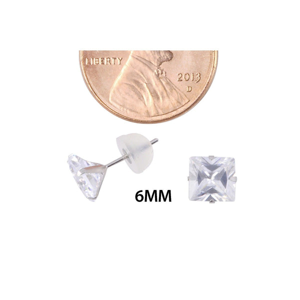14k White Gold Square CZ Stud Earrings Prong Set Clear Cubic Zirconia Silicone Backs - Jewelryland.com