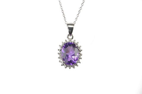 925 Sterling Silver Diamond and Amethyst Necklace 16mm Oval 18 Inch Chain - Jewelryland.com