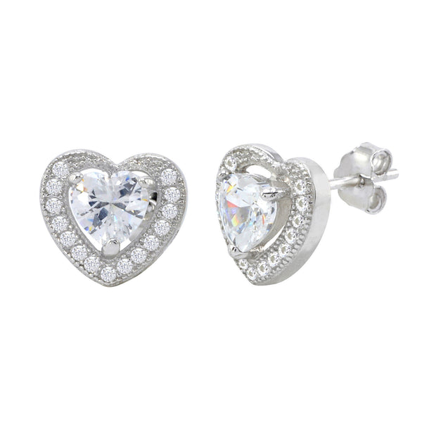 Sterling Silver Halo Cubic Zirconia Heart Stud Earrings Micropave 9mm x 10mm - Jewelryland.com