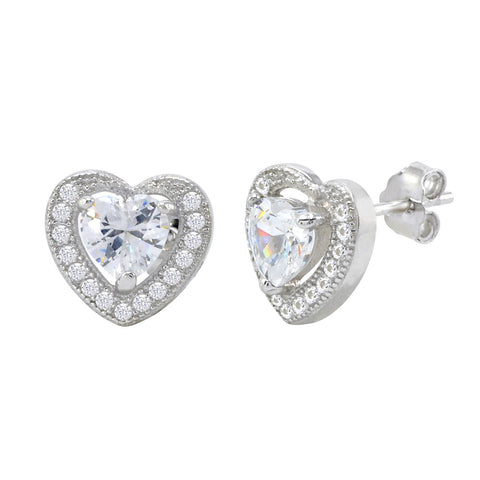Sterling Silver Halo Cubic Zirconia Heart Stud Earrings Micropave 9mm x 10mm - Jewelryland.com