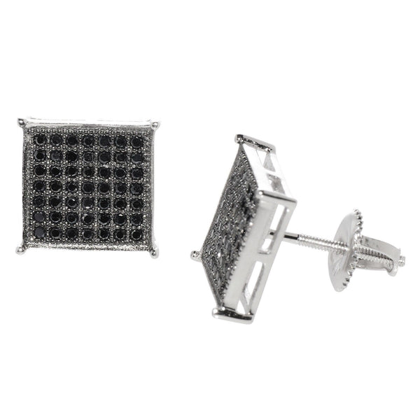 Screw Back Stud Earrings Sterling Silver Square Black Cubic Zirconia 10mm ASC - Jewelryland.com