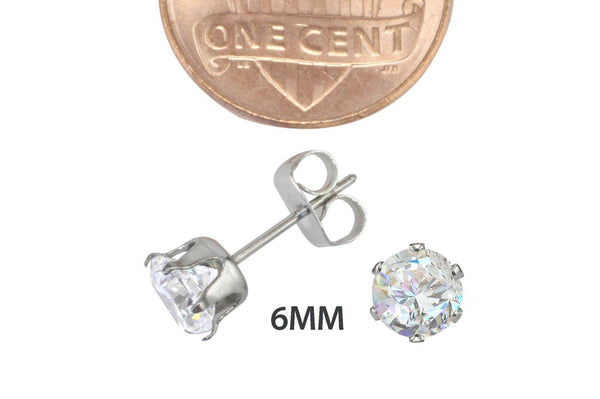 Stainless Steel Earrings White Round CZ Studs Prong Setting 2mm-10mm - Jewelryland.com