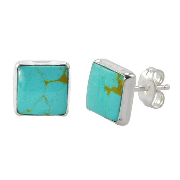 Sterling Silver Gemstone Earrings Turquoise 9mm Square Handmade Studs - Jewelryland.com