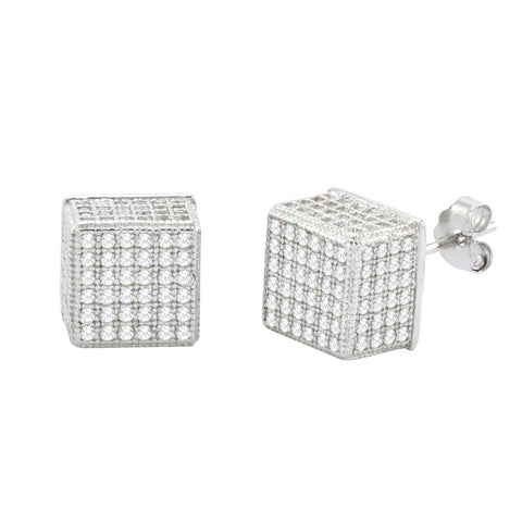 Sterling Silver Micro Pave Stud Earrings Square Cube 3d Sidestones 8mm x 8mm - Jewelryland.com