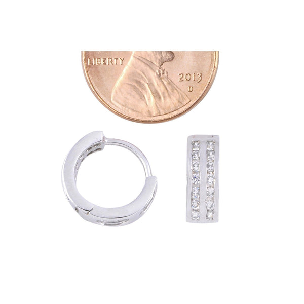 CZ Huggie Earrings Hoops 925 Sterling Silver 12mm 2 Row Clear Cubic Zirconia - Jewelryland.com