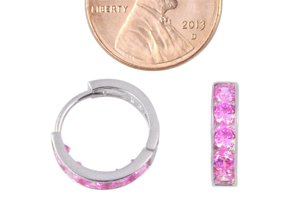 Pink CZ Hoops Huggie Earrings Hinged .925 Sterling Silver 14mm - Jewelryland.com