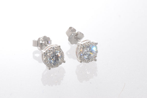 Halo Cubic Zirconia Stud Earrings Sterling Silver 6mm Fancy Micropave Outline - Jewelryland.com