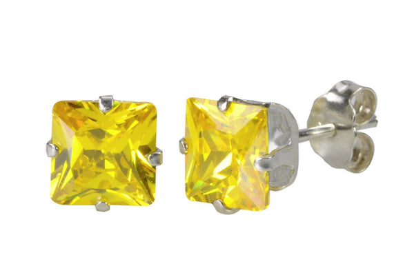 Citrine Square Cubic Zirconia Stud Earrings 925 Silver November Birthstone Prong - Jewelryland.com