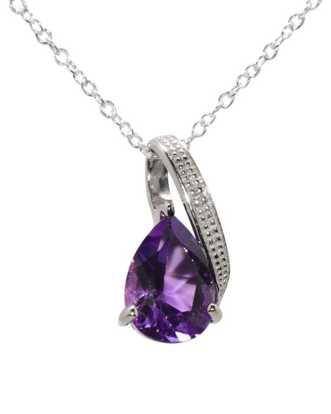 Sterling Silver Diamond (.0033ct) and Amethyst (2ct) Teardrop 18 Inch Necklace - Jewelryland.com