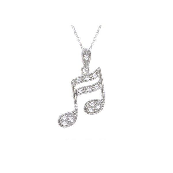 Sterling Silver Music Note Pendant Necklace White Pave CZ Cubic Zirconia Stones - Jewelryland.com