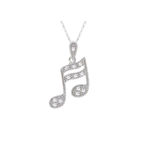 Sterling Silver Music Note Pendant Necklace White Pave CZ Cubic Zirconia Stones - Jewelryland.com