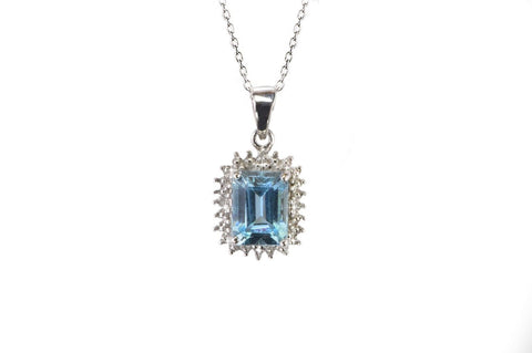 Sterling Silver 1.78ct Blue Topaz and Diamond Necklace - Rectangle Gemstone - Jewelryland.com