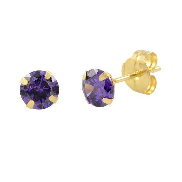 14k Yellow Gold Purple Amethyst Cubic Zirconia Stud Earrings Round Birthstone CZ - Jewelryland.com
